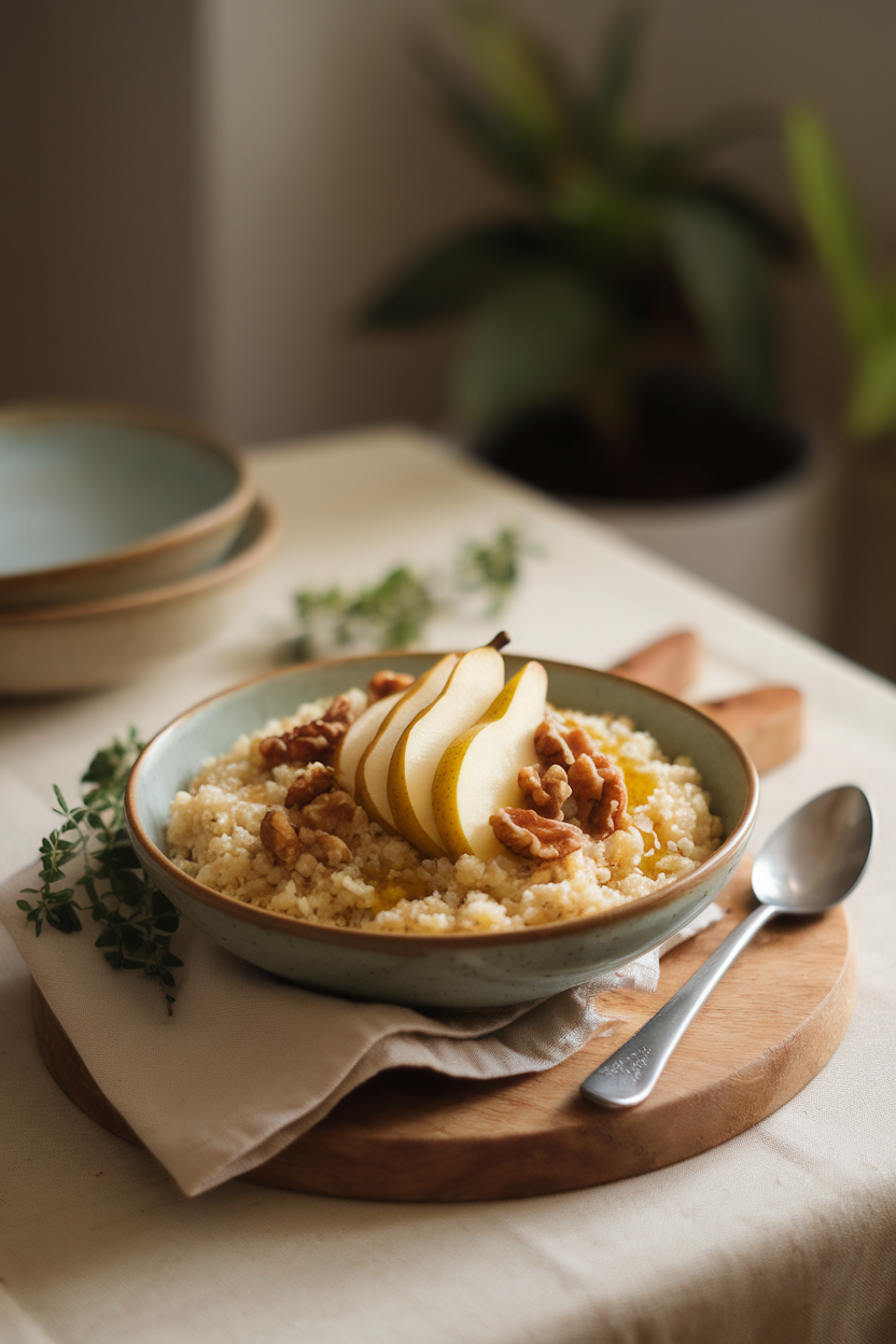 A softly lit indoor table with a bowl of fluffy bulgur topped with sliced pear, toasted walnuts, and a drizzle of olive oil; no logos in view.