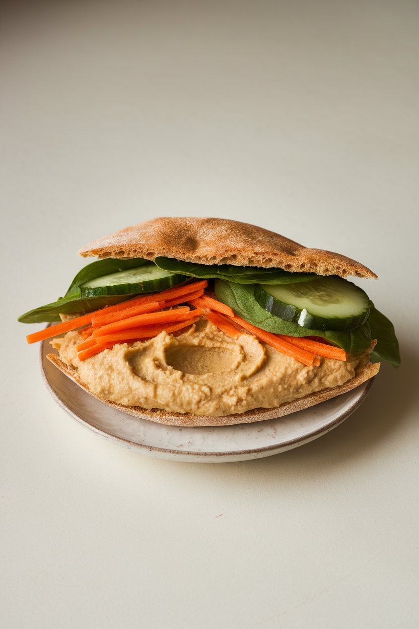 Indoor half pita stuffed with hummus, cucumber slices, shredded carrots, and spinach leaves, set on a small plate. No text or logos.