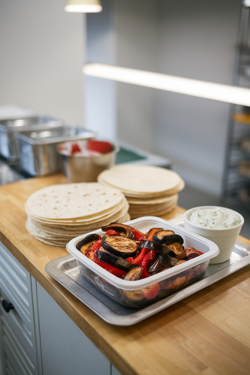 Photo, indoor countertop with stacks of tortillas, a container of roasted eggplant, peppers, and onions, plus a side cup of tzatziki; no text or logos.