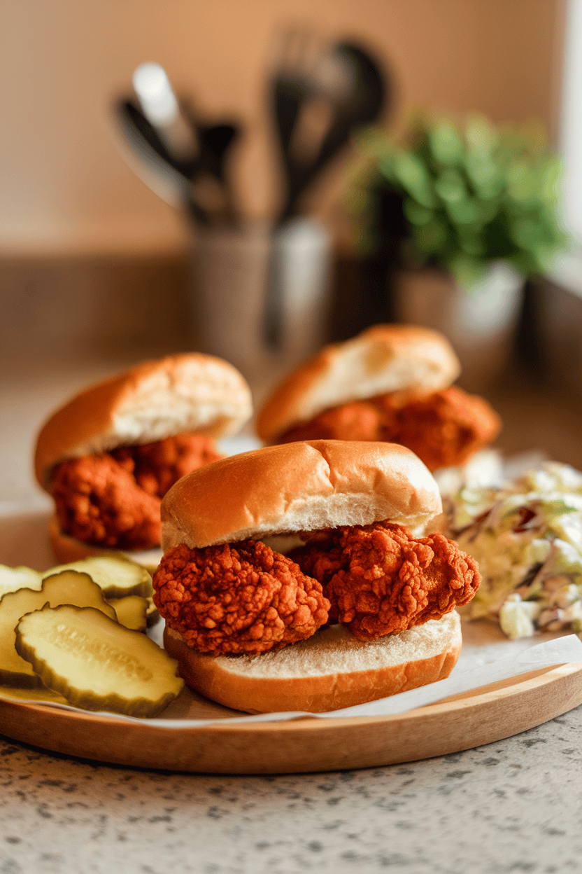 Indoor countertop featuring spicy fried chicken thighs in soft buns with pickle chips and creamy coleslaw. No text or logos present. Photo, not illustration.