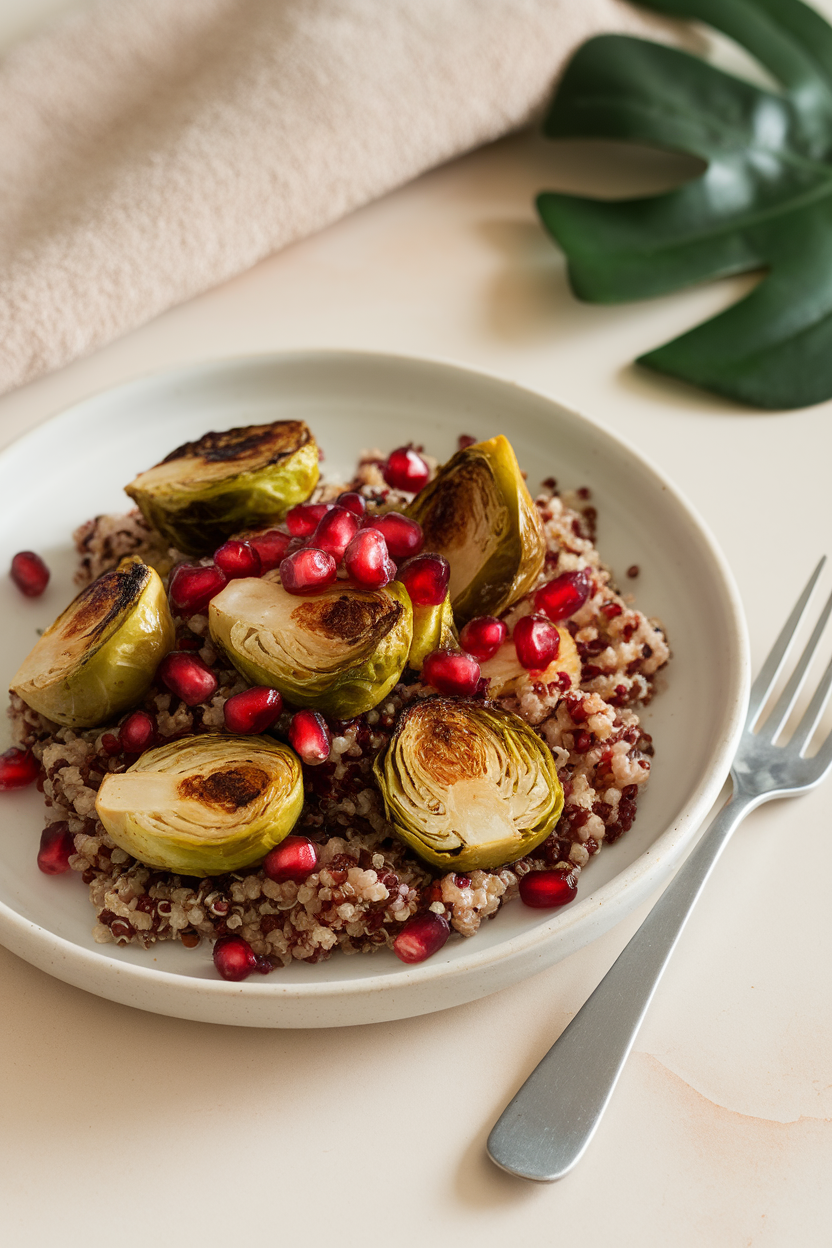 Indoor photo of crispy roasted Brussels sprout halves on quinoa, sprinkled with pomegranate seeds; no logos or text.