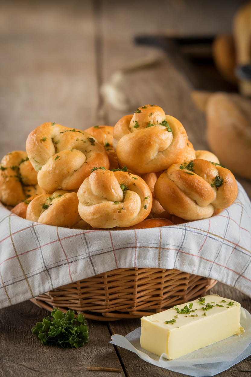 Indoor bread basket lined with checkered cloth, filled with golden garlic knots brushed with parsley butter. Photo, no text or logos.