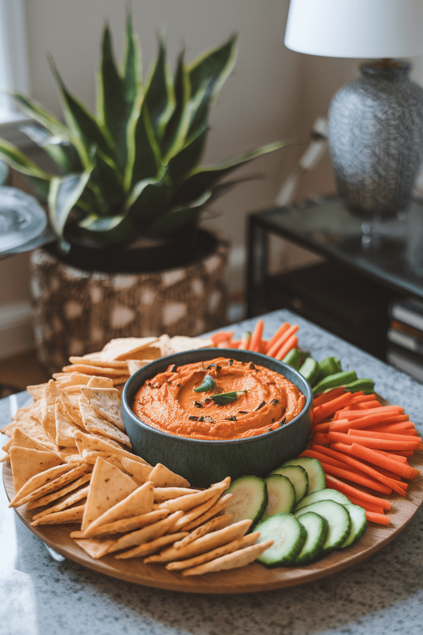 An indoor coffee table featuring a bowl of creamy roasted red pepper dip surrounded by pita chips and sliced veggies. No text or logos; photo.