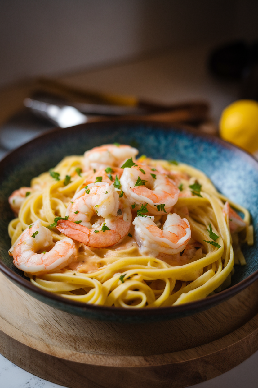 Bowl of linguine tossed with cooked shrimp, garlic-butter sauce, and parsley, indoor light. No text or logos. Photo.