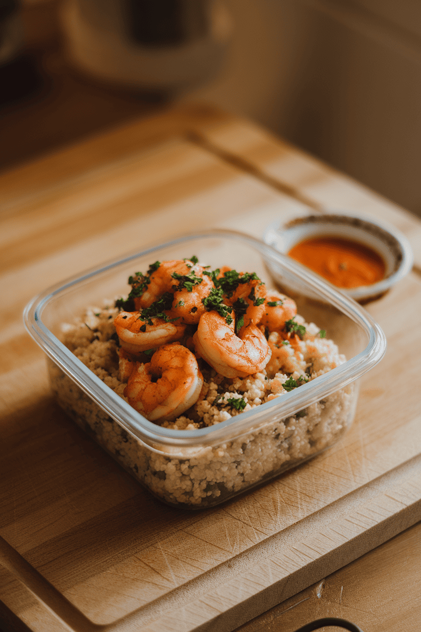 Warm indoor shot of a meal-prep container holding fluffy couscous topped with harissa-spiced shrimp and chopped herbs. No logos.