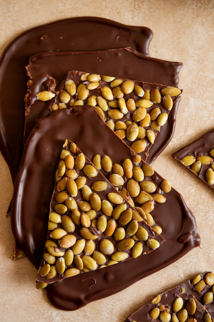 An indoor countertop with thin sheets of pumpkin seed brittle half-dipped in dark chocolate, shards broken apart. No text or logos.
