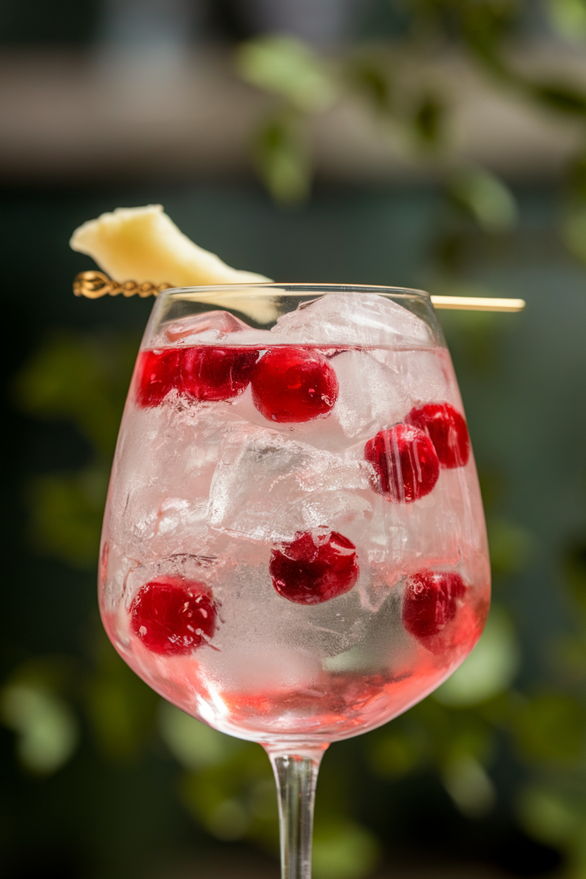 Photo of an indoor collins glass filled with cranberry ginger fizz, crushed ice, floating cranberries, and a sliver of candied ginger on a cocktail pick. No text or logos.