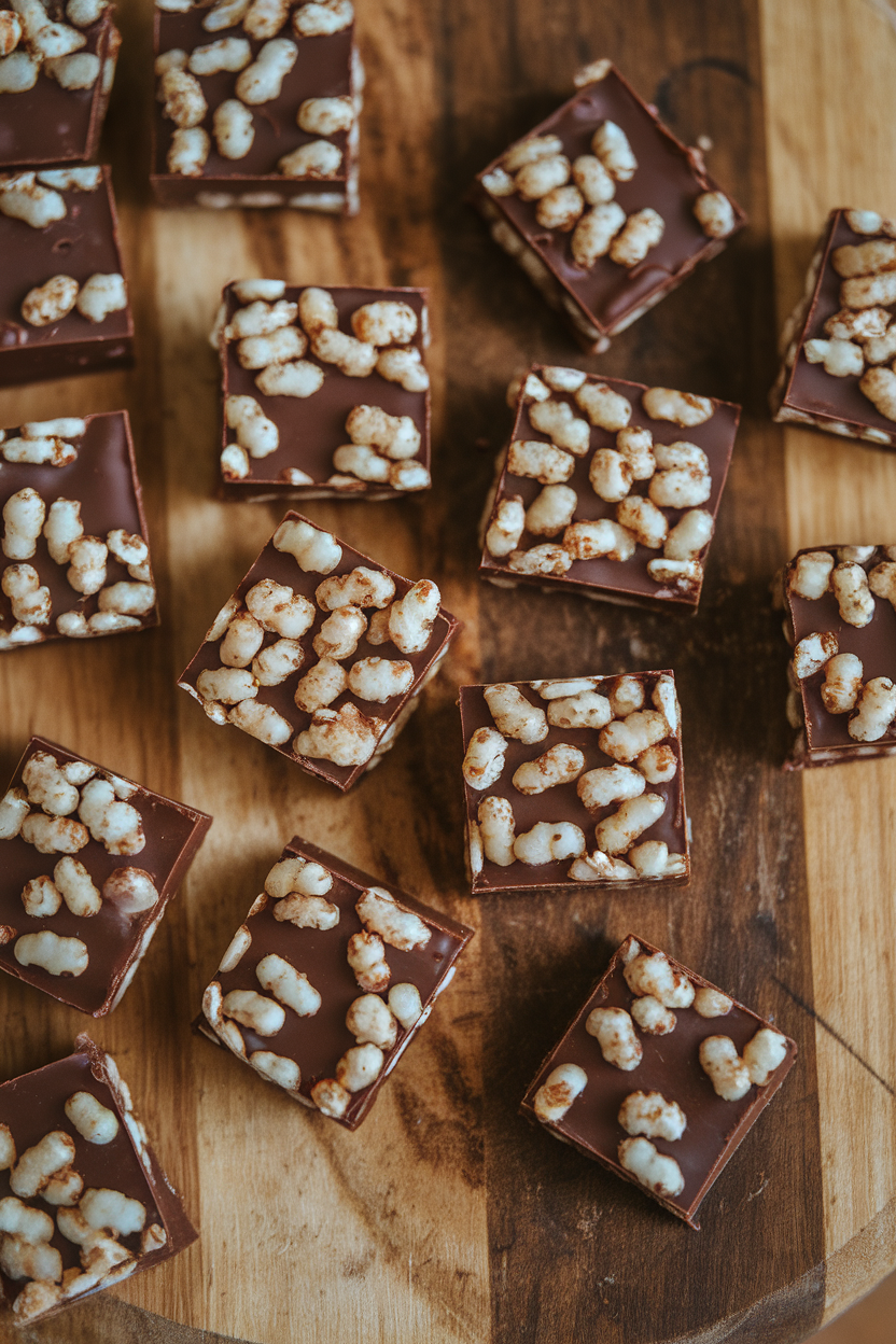 Photo of indoor wooden board showing chocolate squares studded with crisped rice, no branding