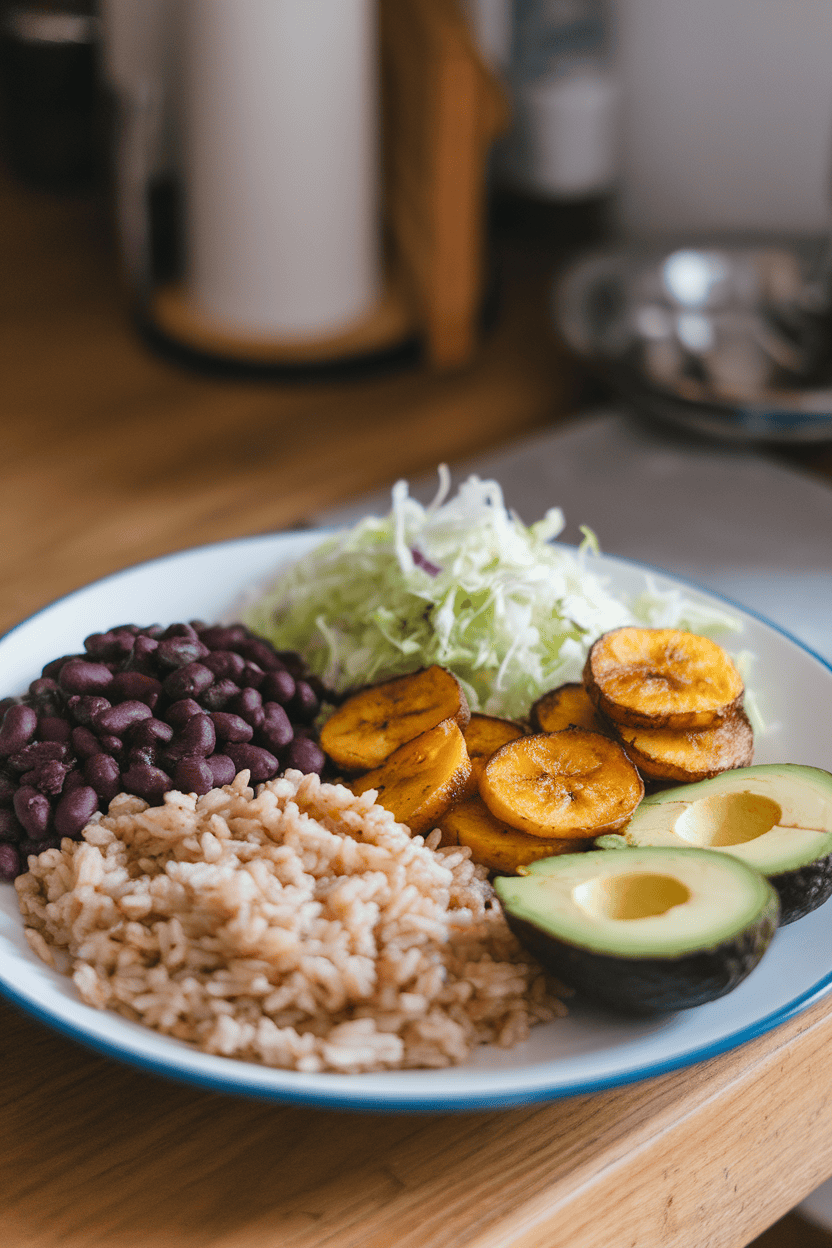 Photo of an indoor dinner plate featuring separate portions of brown rice, black beans, sautéed plantains, shredded cabbage salad, and avocado slices, no text or logos.