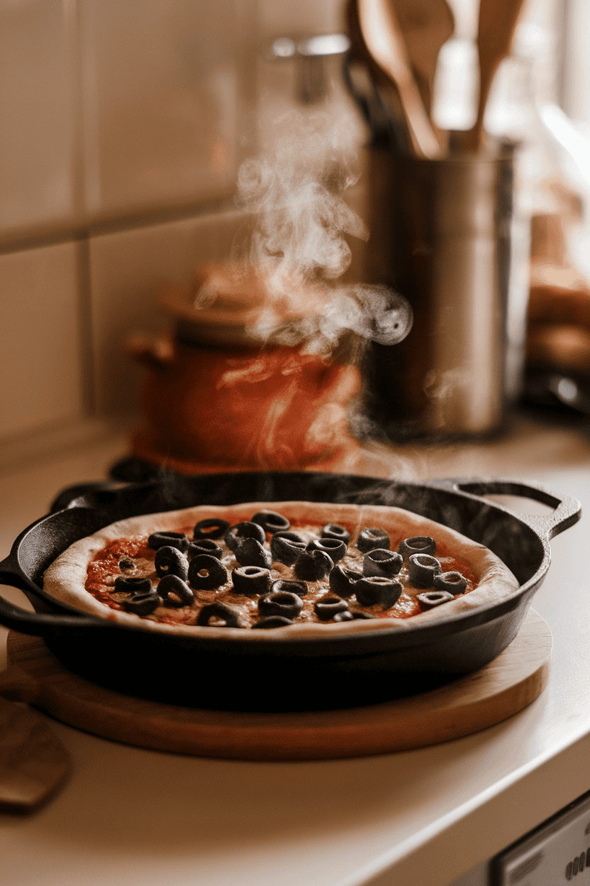 Warm indoor countertop with a dark olive-topped pizza bubbling in a cast-iron skillet, steam curling upward like a cauldron. No text or logos.