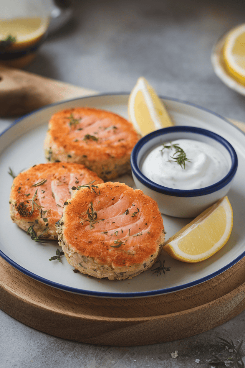 Indoor plate with three golden salmon cakes, lemon wedges, and a side of yogurt sauce. No logos or text.