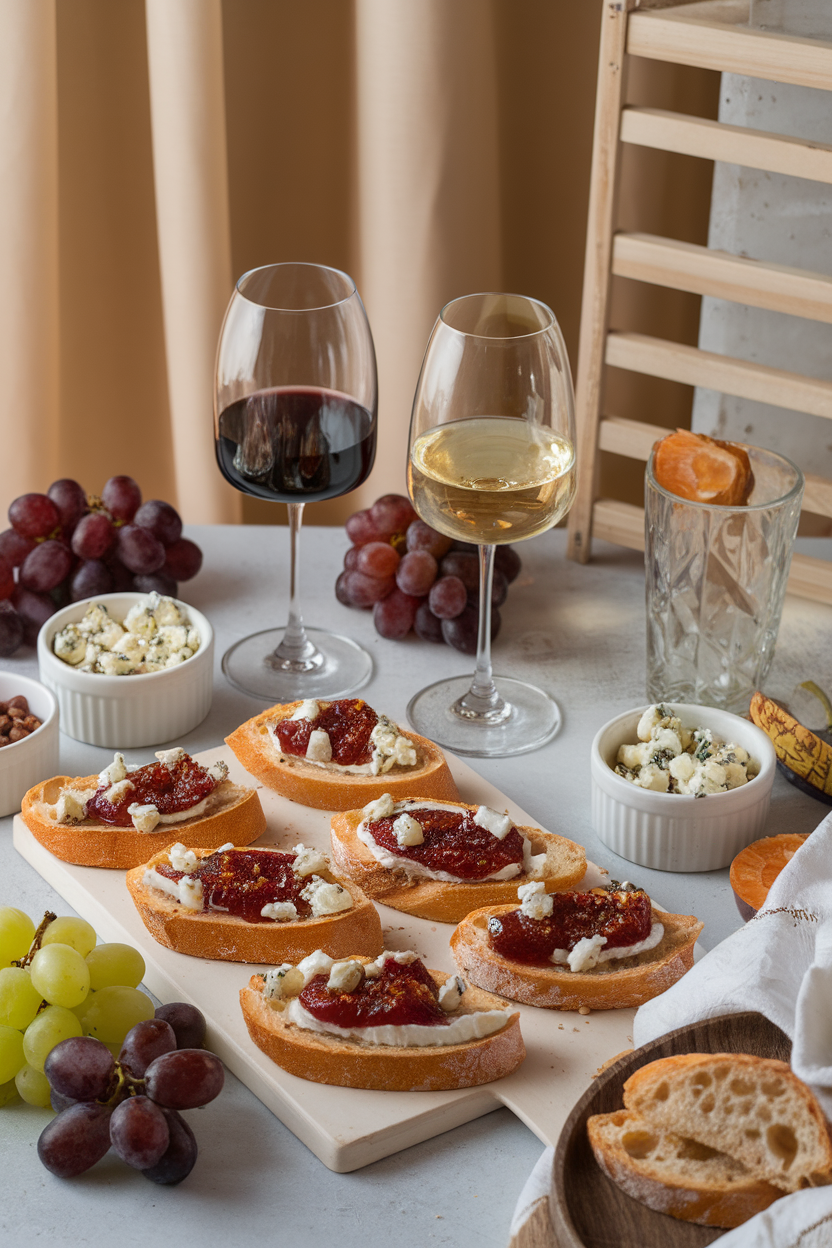Indoor wine-and-cheese setting with a board of toasted baguette slices topped with fig jam, crumbled blue cheese, and cracked black pepper. No text or logos. Photo only.