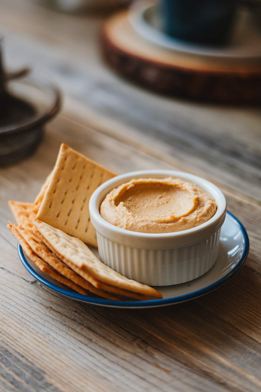 Indoor snack scene of a small plate holding plain unsalted crackers beside a ramekin of smooth hummus. No text or logos; photo only.