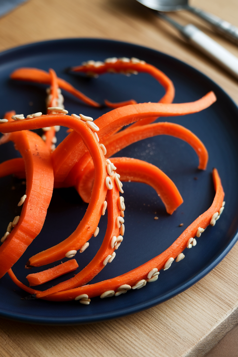 Indoor photo of long, thin roasted carrot ribbons twisted into tentacle shapes on a navy serving plate, sesame seeds sprinkled like suction cups. No text or logos.