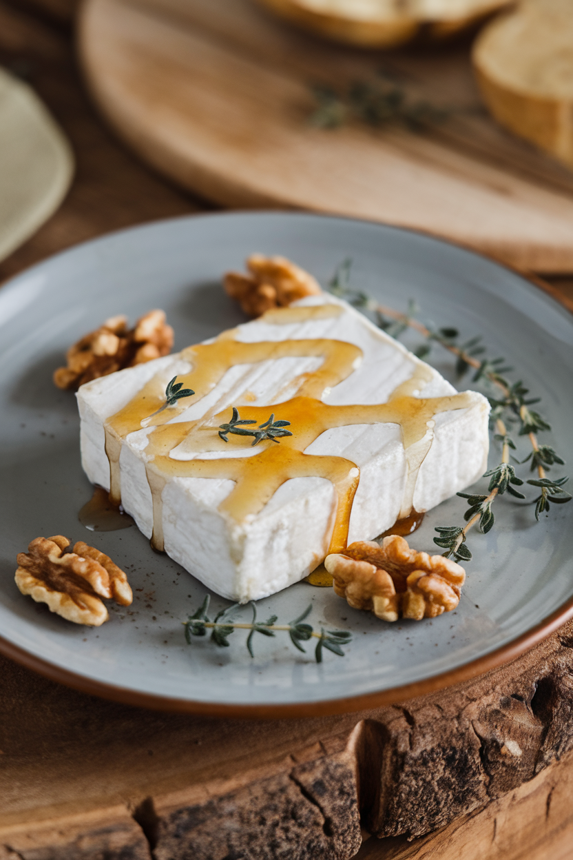 An indoor appetizer plate featuring a block of feta cheese drizzled with golden honey, scattered thyme leaves, and a few walnut halves. No text or logos. Photo, not illustration.