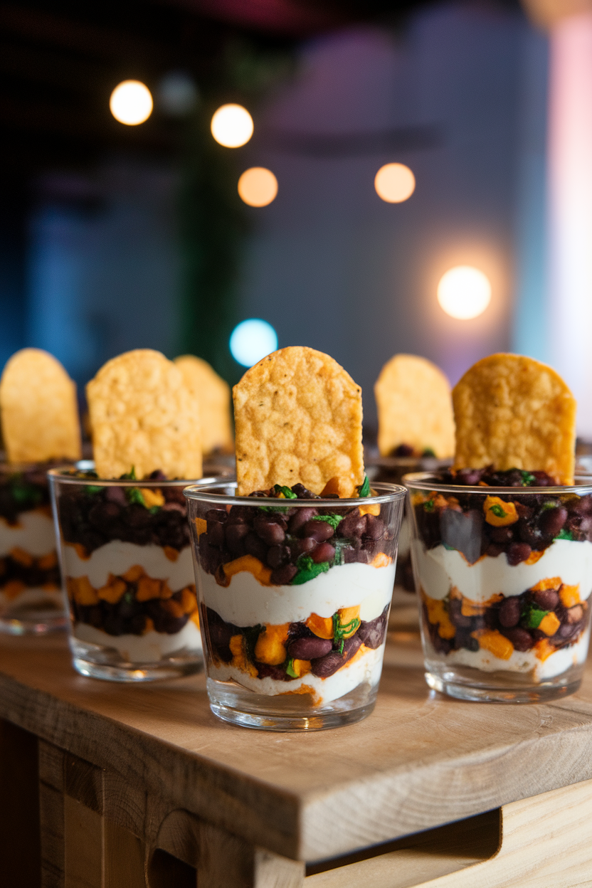 Clear indoor dessert cups layered with black bean salsa and topped with a corn-tortilla “tombstone” chip standing upright in each. Ambient party lighting, no text or logos. Photo, not illustration.