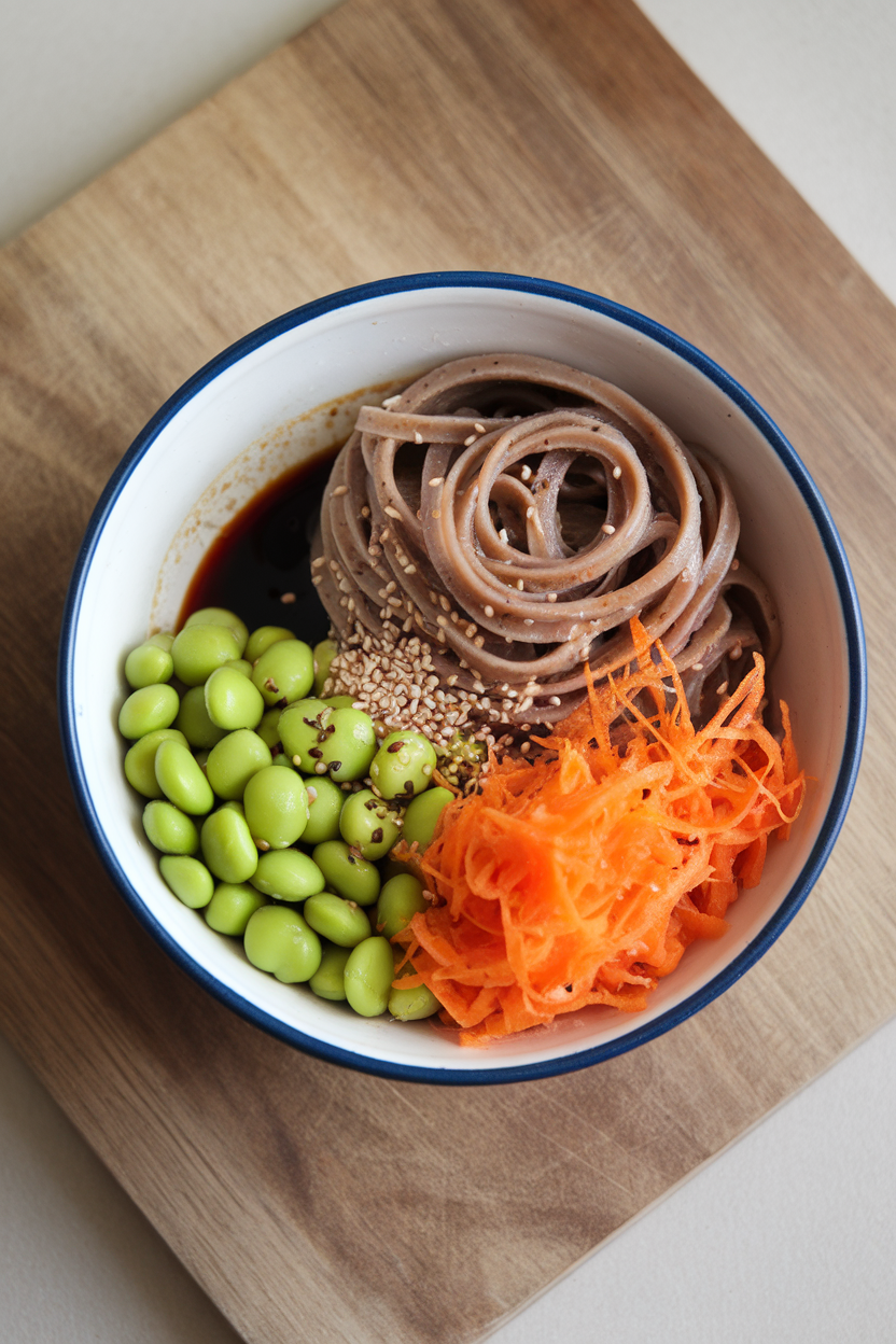 Indoor bowl containing chilled soba noodles, shelled edamame, grated carrot, and sesame seeds with a light soy dressing. No text or logos.