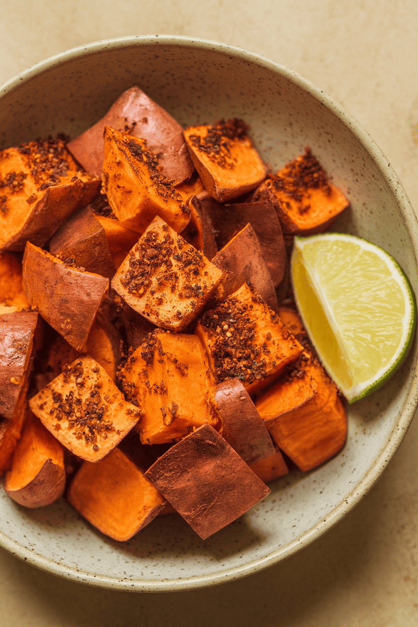 Indoor photo of roasted sweet potato cubes dusted with smoky spices in a shallow bowl, lime wedge at side. No logos or text.