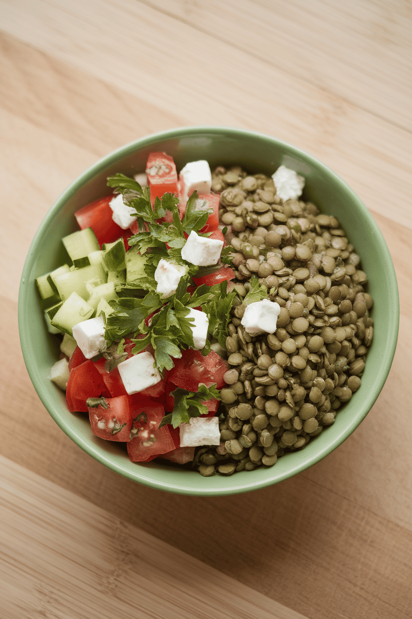 Indoor tabletop image of green lentils, diced tomatoes, cucumbers, parsley, and feta, drizzled lightly with olive oil; no logos.