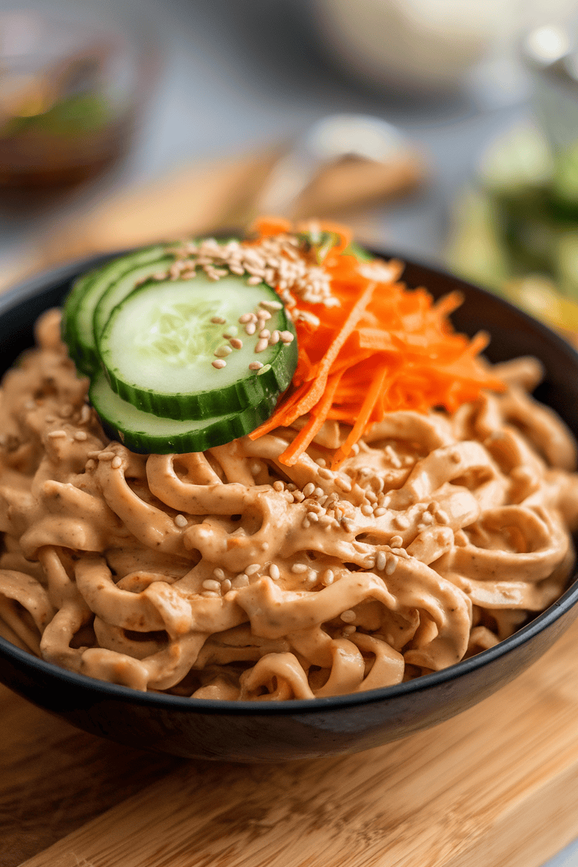 An indoor bowl of chilled noodles coated in creamy peanut sauce with sliced cucumbers, shredded carrots, and sesame seeds on top. No text or logos; photo only.