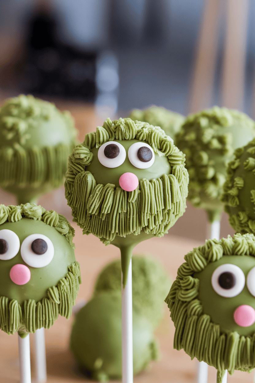 Vivid green matcha cake pops with shaggy piped matcha-white chocolate “fur,” goofy candy eyes, indoor background; no text or logos. Photo.