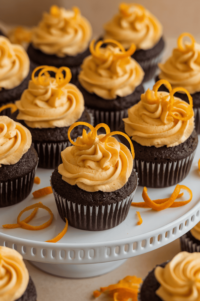 Indoor photo of dark chocolate cupcakes topped with swirl of bright orange buttercream and a curly orange zest garnish; no text or logos