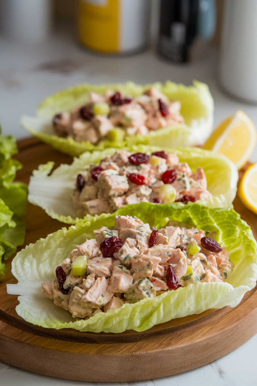 Photo of butter lettuce leaves indoors filled with chicken salad dotted with dried cranberries and celery. No text or logos.