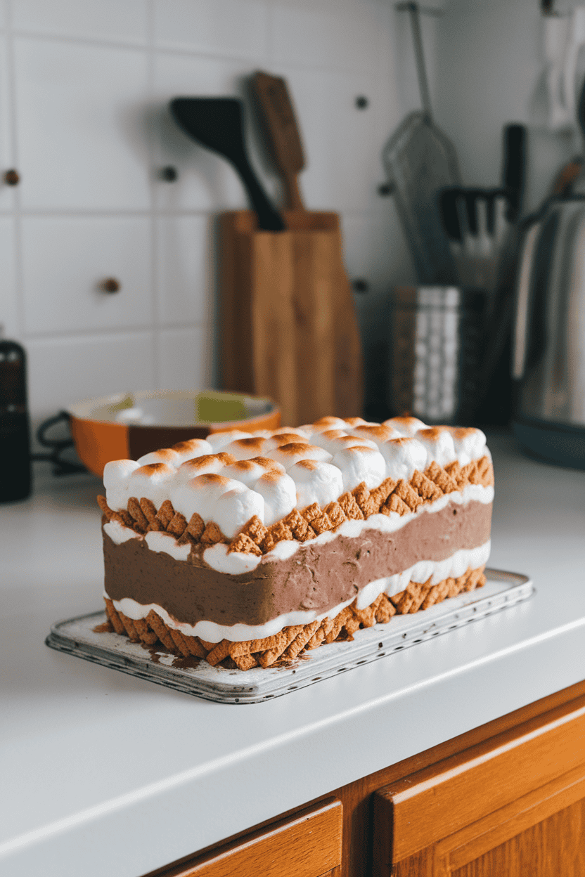 An indoor kitchen counter featuring a chilled loaf-shaped icebox cake layered with graham crackers, chocolate pudding, and toasted marshmallow topping. No text or logos. Photo only.