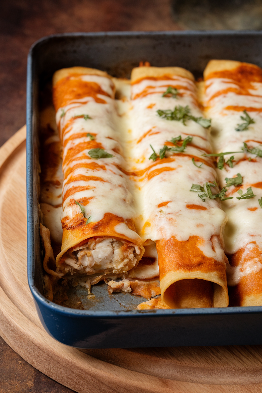 Indoor baking dish of rolled enchiladas topped with creamy white sauce and melted cheese, cod filling visible in one cut piece. No text or logos.
