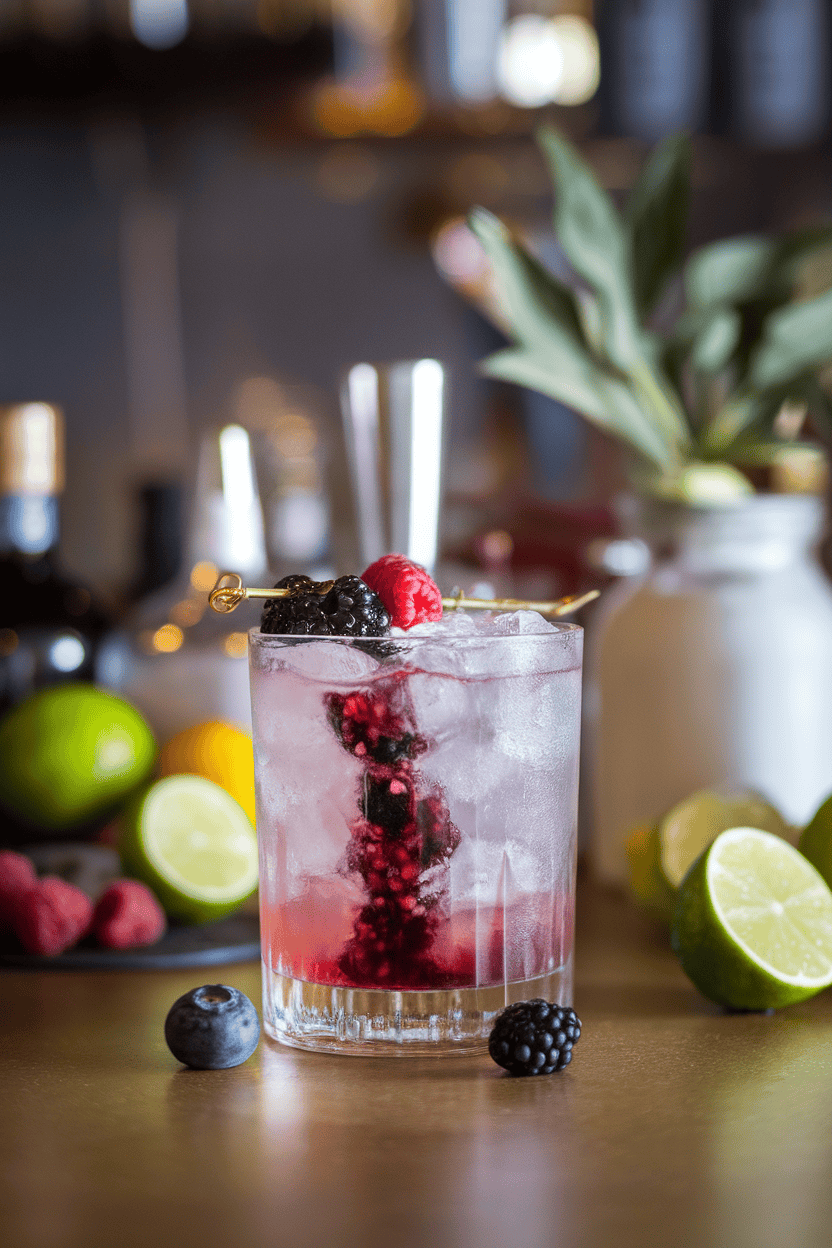 Indoor craft bar scene showing a rocks glass of pale gin cocktail with purple blackberry liqueur cascading down crushed ice, fresh berries on top; no text or logos.