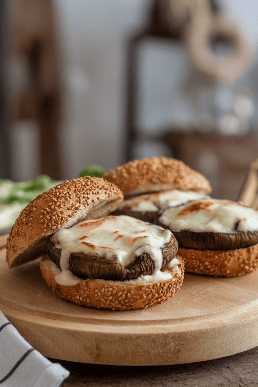 Photo of grilled portobello caps topped with melted provolone inside seeded buns, placed on an indoor wooden board. No text or logos anywhere.