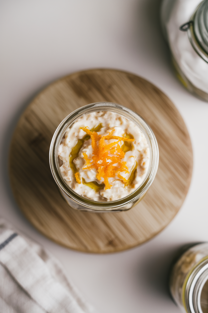 Indoor photo of a mason jar filled with creamy oats, orange zest on top, and a drizzle of olive oil, shot overhead. No text or logos.