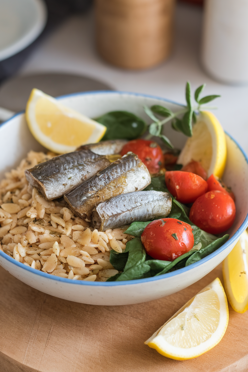 Indoor photo of a bowl containing whole-wheat orzo, canned sardines in olive oil, cherry tomatoes, spinach, and lemon wedges, garnished with oregano. No logos or text anywhere.
