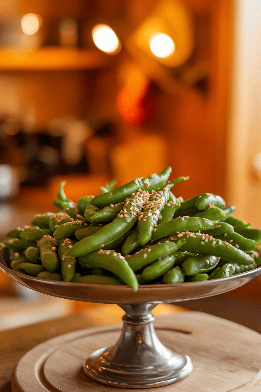 Indoor serving platter of bright green steamed beans lightly sprinkled with sesame seeds, warm kitchen lighting. Photo only, no text or logos.