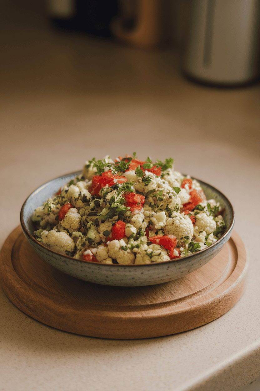 Indoor countertop photo of a shallow bowl filled with cauliflower tabbouleh studded with tomato and herbs, no text