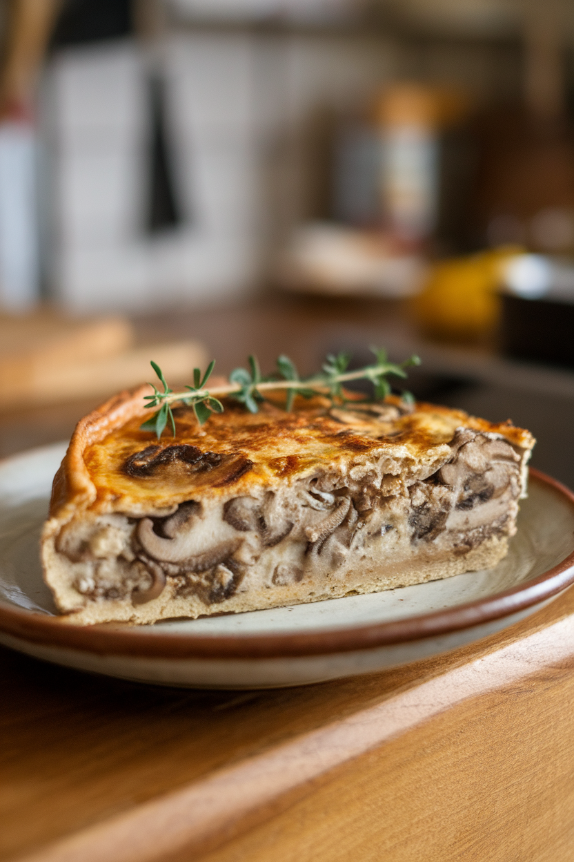 Photo of a slice of mushroom frittata garnished with fresh thyme, resting indoors on a ceramic plate. No text or logos anywhere.