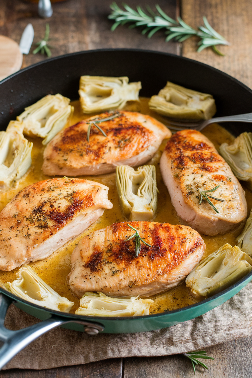 Indoor photo of skillet chicken breasts with quartered artichoke hearts and garlic butter sauce; rustic countertop light, no text or logos