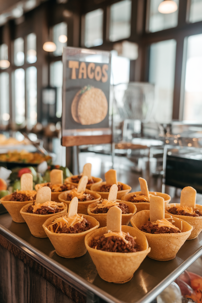Indoor buffet featuring individual tortilla cups filled with taco meat, topped with shredded cheese “dirt” and a tortilla tombstone. Photo, no text or logos.