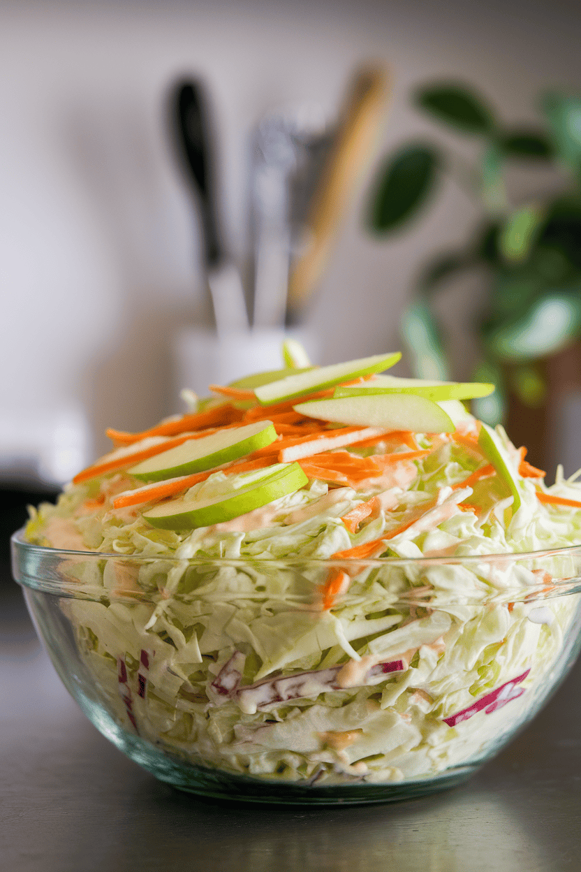 A glass bowl on an indoor counter containing shredded cabbage coleslaw dotted with julienned green apples and carrots, creamy dressing glistening. No text or logos; photo.