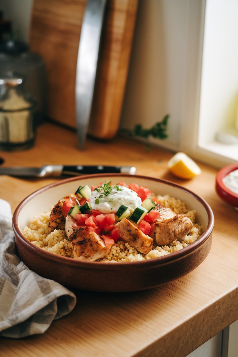 A warmly lit indoor kitchen counter featuring a ceramic bowl filled with lemon-oregano grilled chicken pieces over fluffy couscous, topped with diced tomatoes, cucumbers, and a dollop of tzatziki. No text or logos visible; photo only.