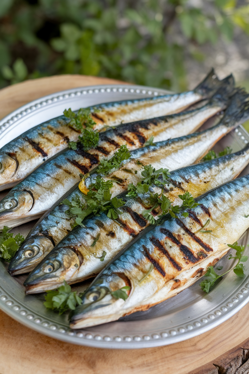An indoor platter with whole grilled mackerel fillets, char lines visible, topped with lemon-pepper seasoning and parsley. No text or logos.