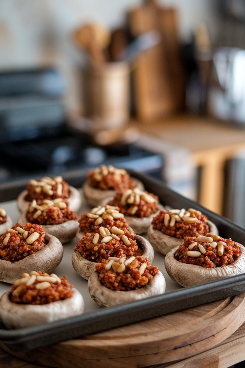 An indoor baking tray displaying large mushroom caps filled with sun-dried tomato quinoa, topped with toasted pine nuts. No branding or words; photography only.