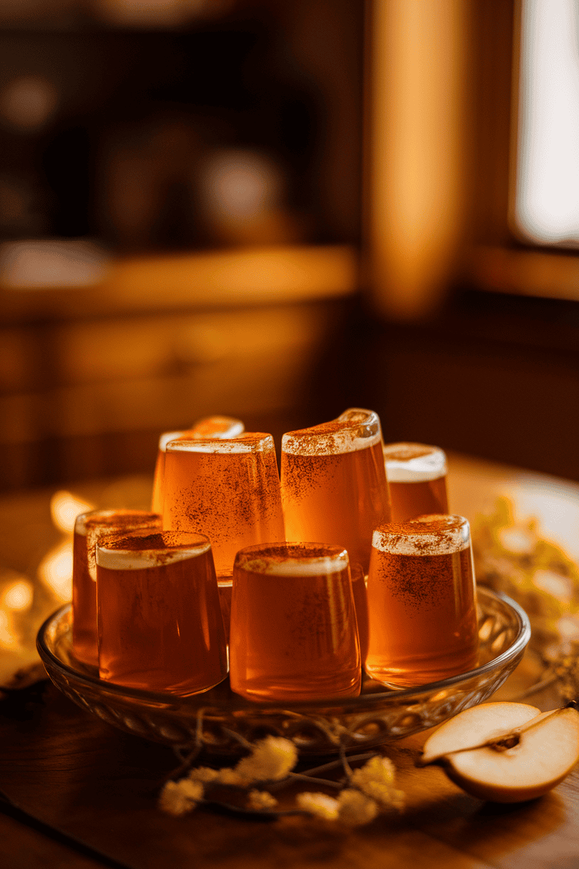 Indoor wooden table with amber pear-cider jello shots dusted with cinnamon, warm autumn lighting, no text or logos
