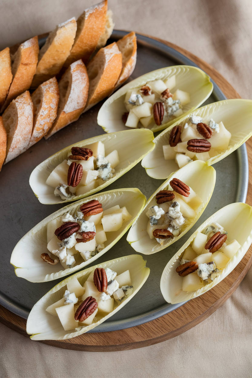 Indoor appetizer tray displaying crisp endive leaves filled with diced pears, crumbled blue cheese, and chopped pecans. Photo, no text or logos.