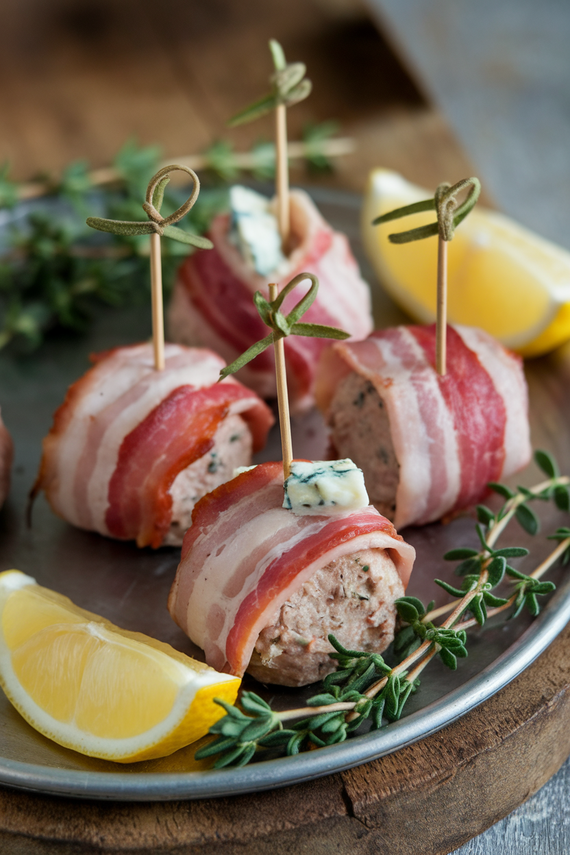 An indoor serving tray featuring small turkey meatballs wrapped in bacon with blue cheese peeking from centers, toothpicks inserted. No text or logos. Photo only.