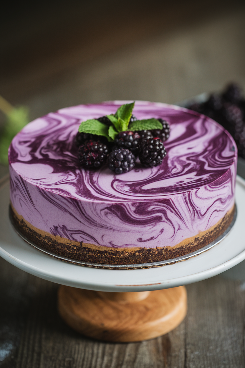 An indoor cake stand showing a marbled purple blackberry cheesecake with a chocolate cookie crust, garnished with fresh berries. Photo only, no text or logos.