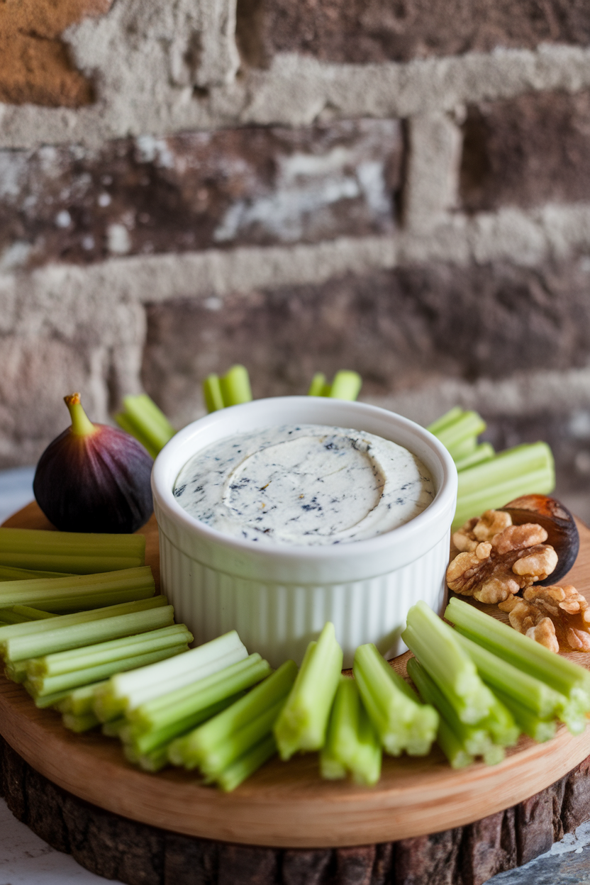 An indoor appetizer plate showing a white ramekin of speckled blue cheese dip, celery sticks fanned around. Photo, no text or logos.