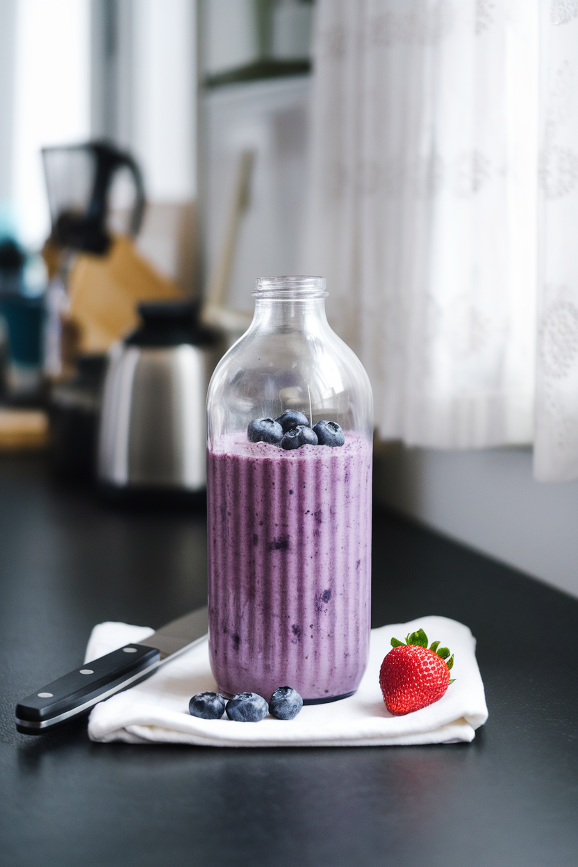 Indoor countertop with a blender bottle of purple berry shake, garnished with a few blueberries beside it. No logos or text.