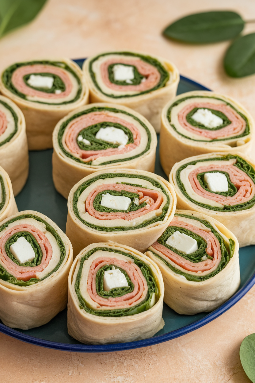 Photo of sliced tortilla roll-ups showing layers of turkey, spinach, and feta, arranged indoors on a platter. No text or logos anywhere.