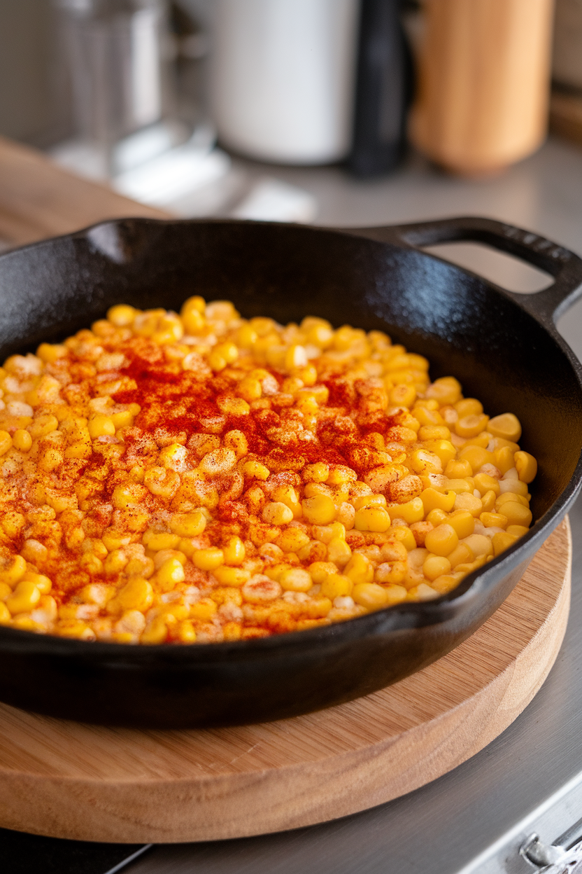 Cast-iron skillet indoors holding bright yellow corn kernels flecked with red smoked paprika, slight char visible; no text or logos. Photo only.
